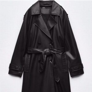 Zara Black Faux-Leather Double-Breasted Trench with Belt